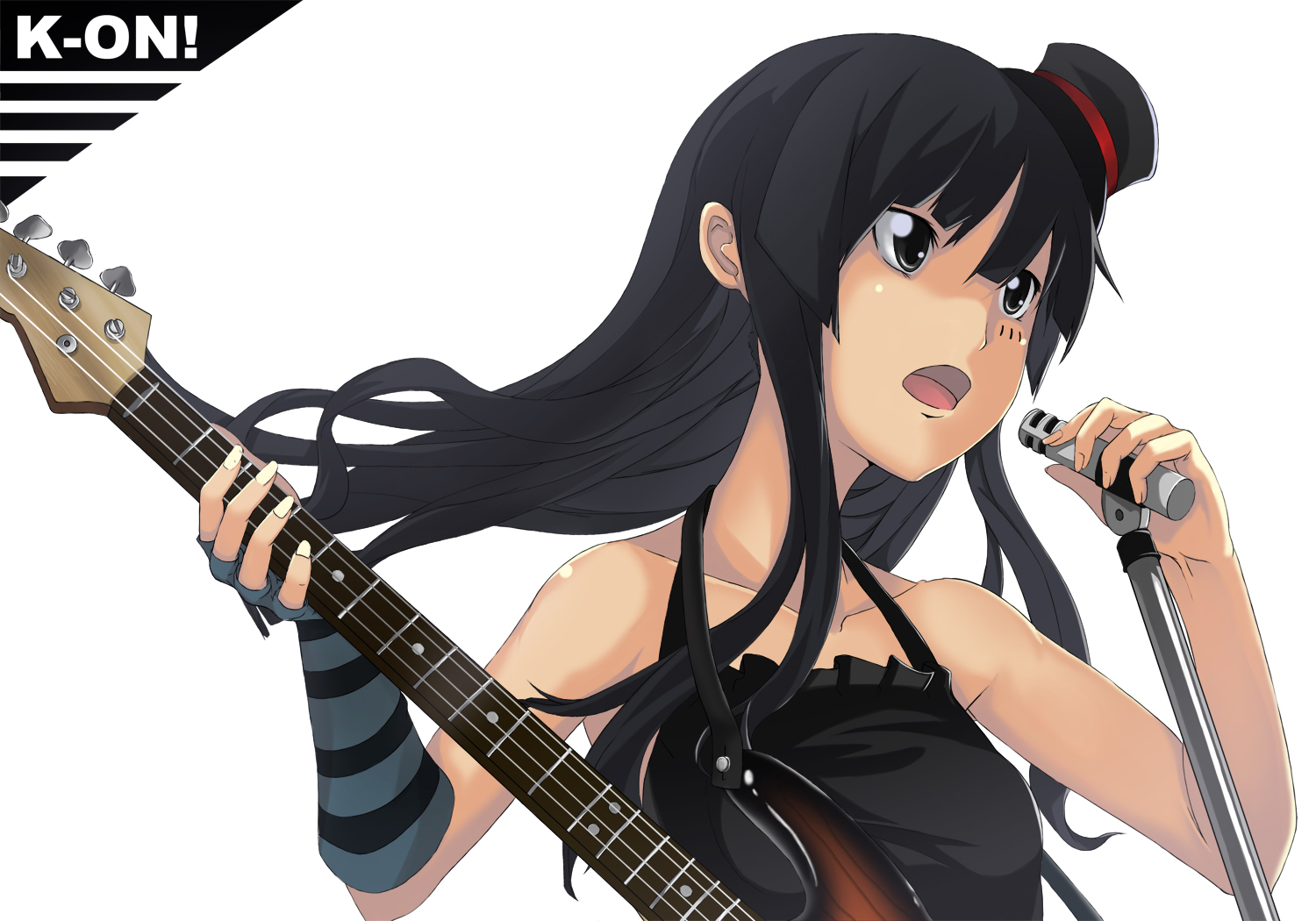 kawasaki kana, akiyama mio, don't say "lazy", k-on!, bad id, bad pixiv id, 00s, 1girl, bass guitar, black eyes, black hair, blunt bangs, dress, facepaint, female focus, guitar, hat, hime cut, instrument, long hair, microphone, microphone stand, mini hat, mini top hat, solo, top hat