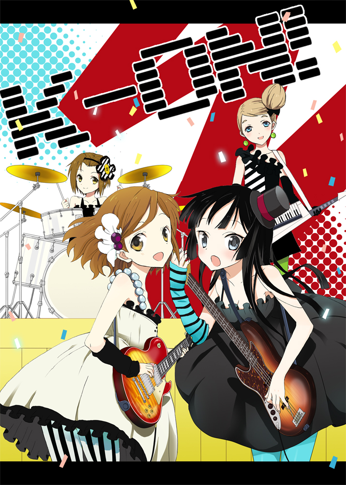 eitomo haruno, akiyama mio, hirasawa yui, kotobuki tsumugi, tainaka ritsu, don't say "lazy", k-on!, striped legwear, vertical-striped legwear, 00s, 4girls, bass guitar, black hair, blue pantyhose, brown hair, drum, drum set, electric guitar, gibson les paul, green pantyhose, guitar, hair bun, hat, ho-kago tea time, instrument, mini hat, mini top hat, multiple girls, pantyhose, single hair bun, striped clothes, striped pantyhose, top hat, vertical-striped clothes, vertical-striped pantyhose