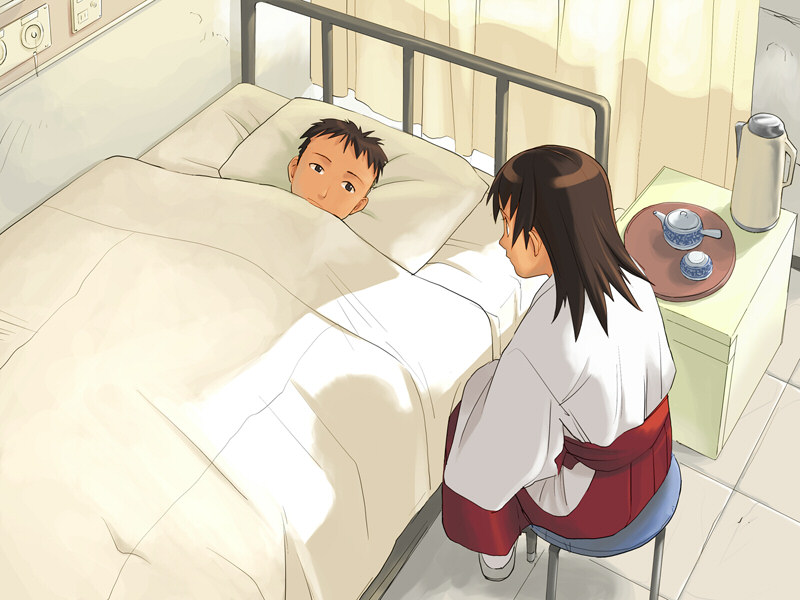 takamichi, homura yuuka, kaida masashi, hate shinaku aoi kono sora no shita de…., 1boy, 1girl, bed, blanket, brown hair, chair, cup, eye contact, japanese clothes, kimono, looking at another, miko, on chair, pillow, tea set, teacup, teapot