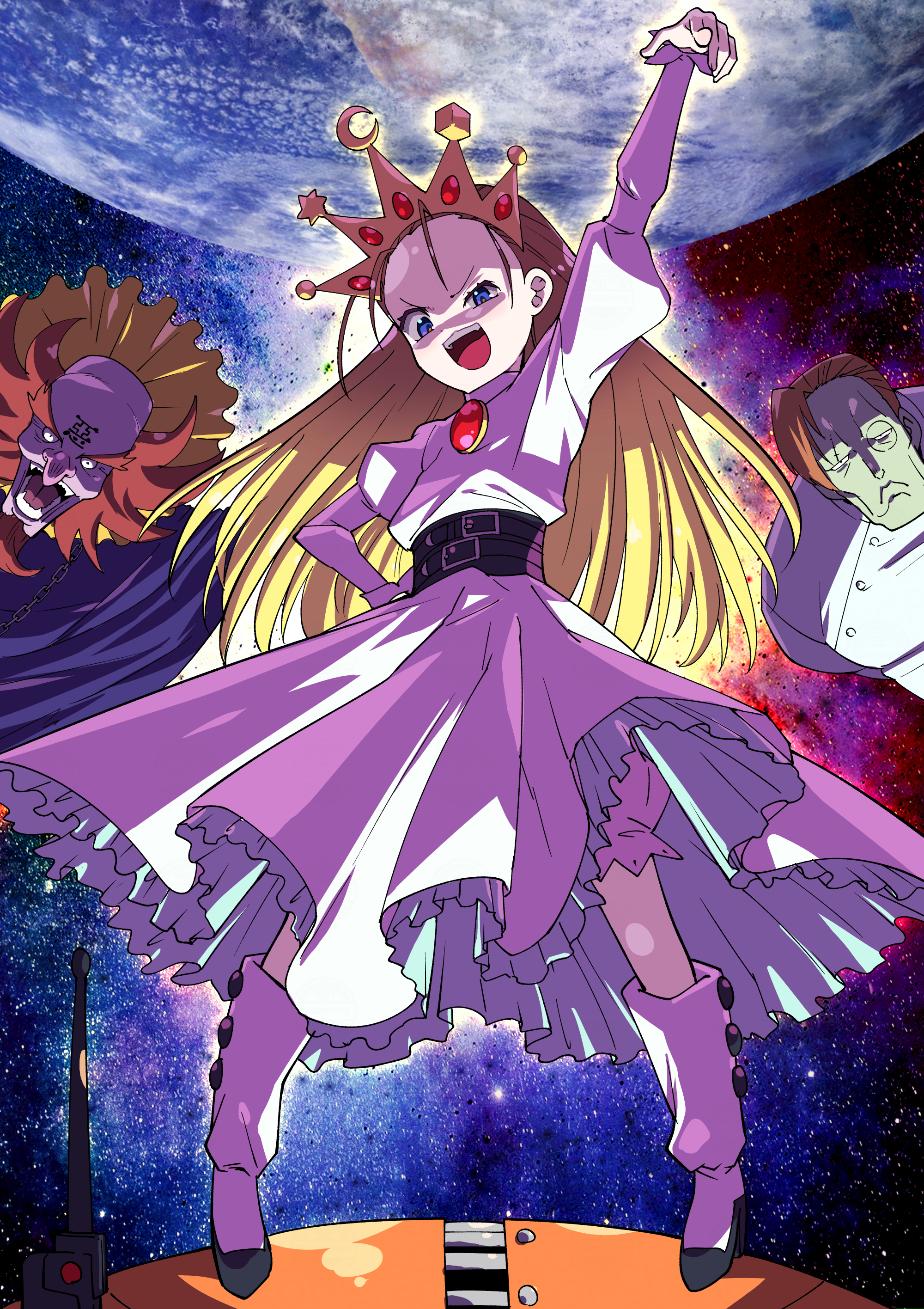 devilot de deathsatan ix, cyberbots, artist request, tagme, 1girl, belt around waist, blonde hair, blue eyes, crown, dress, forehead, gem, jeweled crown, princess, red gemstone, white dress
