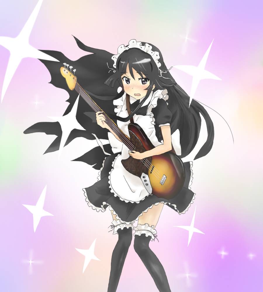hatsumic, akiyama mio, k-on!, bad id, bad pixiv id, 00s, 1girl, alternate costume, bass guitar, black eyes, black hair, blush, enmaided, female focus, frilled thighhighs, frills, guitar, instrument, long hair, maid, maid headdress, solo, thighhighs