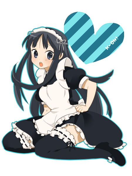 beniko, akiyama mio, k-on!, bad id, bad pixiv id, 00s, 1girl, alternate costume, black eyes, black hair, enmaided, female focus, frilled thighhighs, frills, full body, long hair, maid, maid headdress, solo, thighhighs
