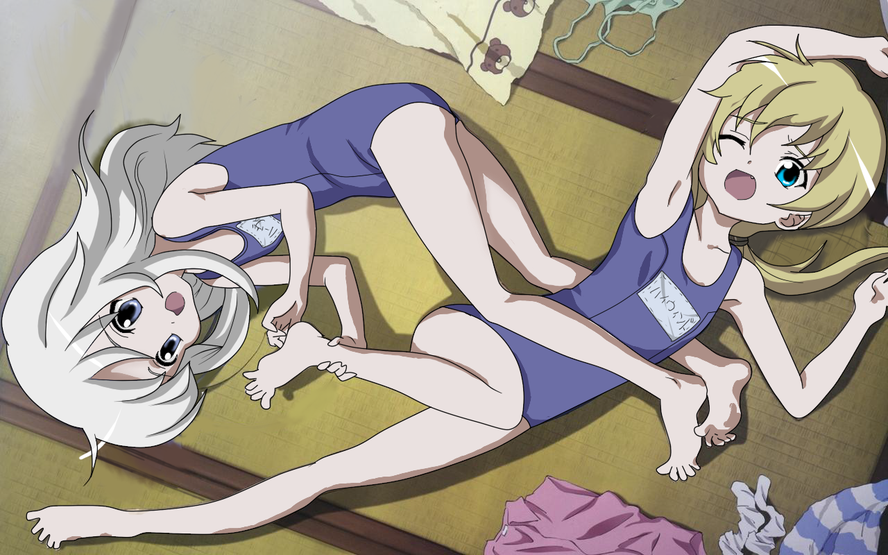 korin24, cain highwind, cecil harvey, final fantasy, final fantasy iv, higurashi no naku koro ni, silver hair, bad id, bad pixiv id, gender request, third-party edit, 2girls, armpits, barefoot, blonde hair, blue eyes, fang, feet, flat chest, genderswap, multiple girls, one-piece swimsuit, parody, school swimsuit, swimsuit, tickling, tickling feet, toes