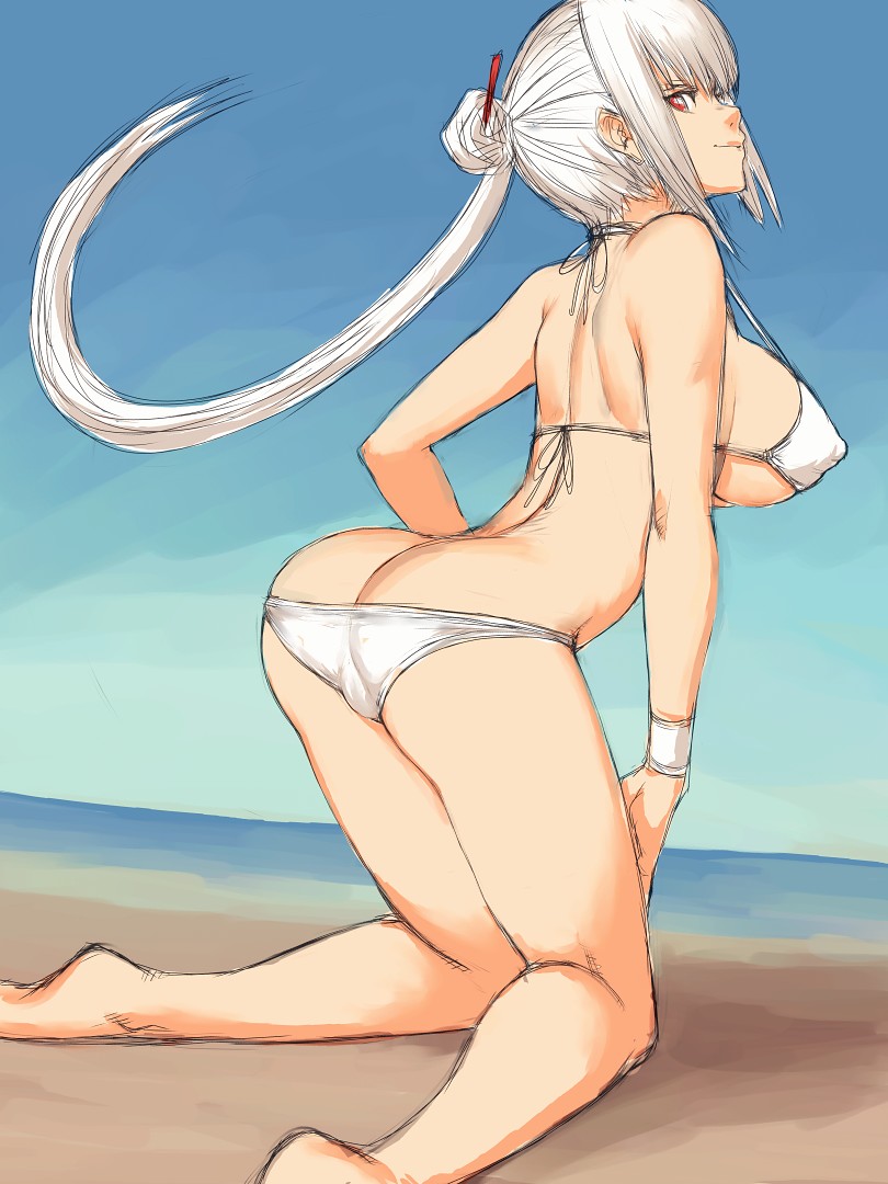 fumio (rsqkr), tsubomi fujiko, zettai karen children, 00s, 1girl, ass, bare back, barefoot, bikini, breasts, butt crack, covered erect nipples, female focus, from behind, huge breasts, kneeling, long hair, looking back, plantar flexion, ponytail, red eyes, sideboob, sketch, solo, strap gap, swimsuit, white bikini, white hair