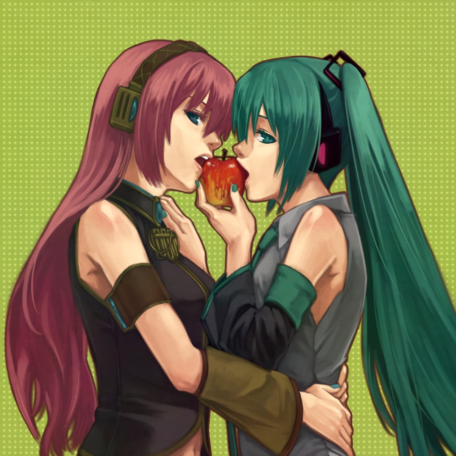 afternine, hatsune miku, megurine luka, vocaloid, 2girls, apple, blue eyes, detached sleeves, food, fruit, green eyes, green hair, green nails, headphones, holding, holding food, holding fruit, long hair, midriff, multiple girls, nail polish, navel, necktie, pink hair, twintails