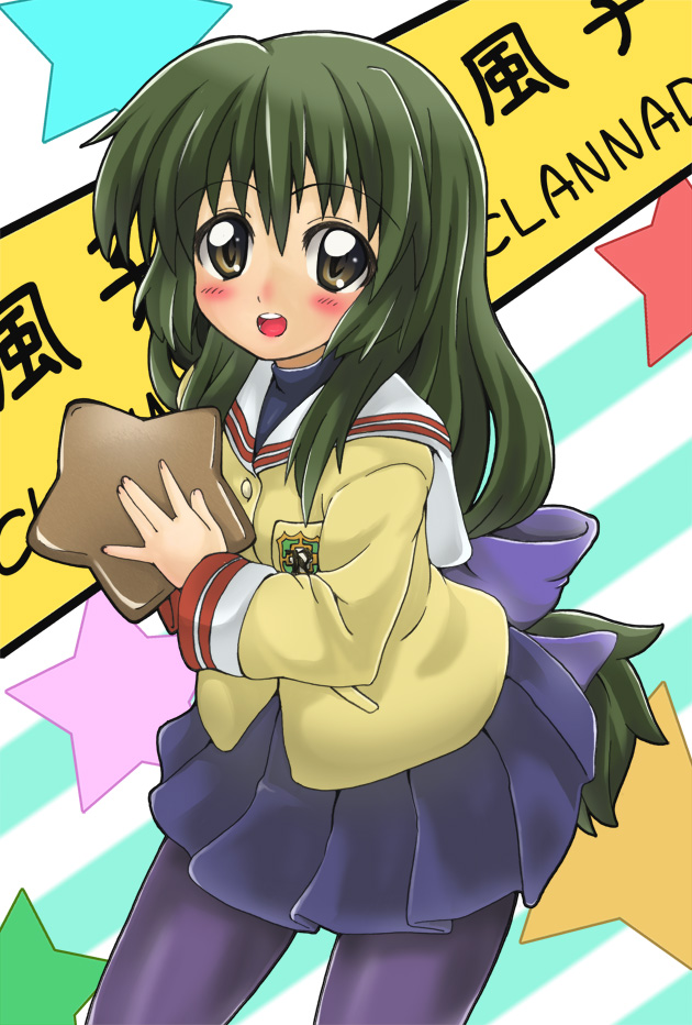 inarii, ibuki fuuko, clannad, 00s, brown eyes, green hair, long hair, open mouth, pantyhose, school uniform, solo, starfish, teeth