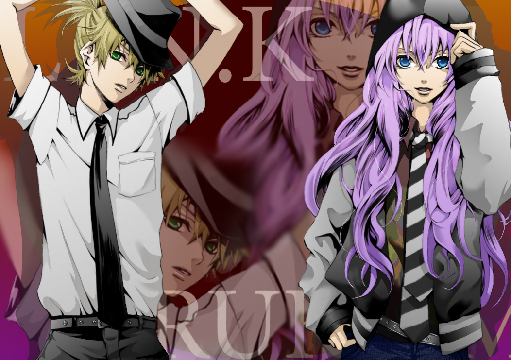 kagamine len, megurine luka, vocaloid, striped neckwear, 1boy, 1girl, alternate costume, belt, black necktie, blonde hair, blue eyes, casual, child, contemporary, fedora, green eyes, hat, hood, hooded jacket, jacket, long hair, necktie, purple hair, striped necktie, zoom layer