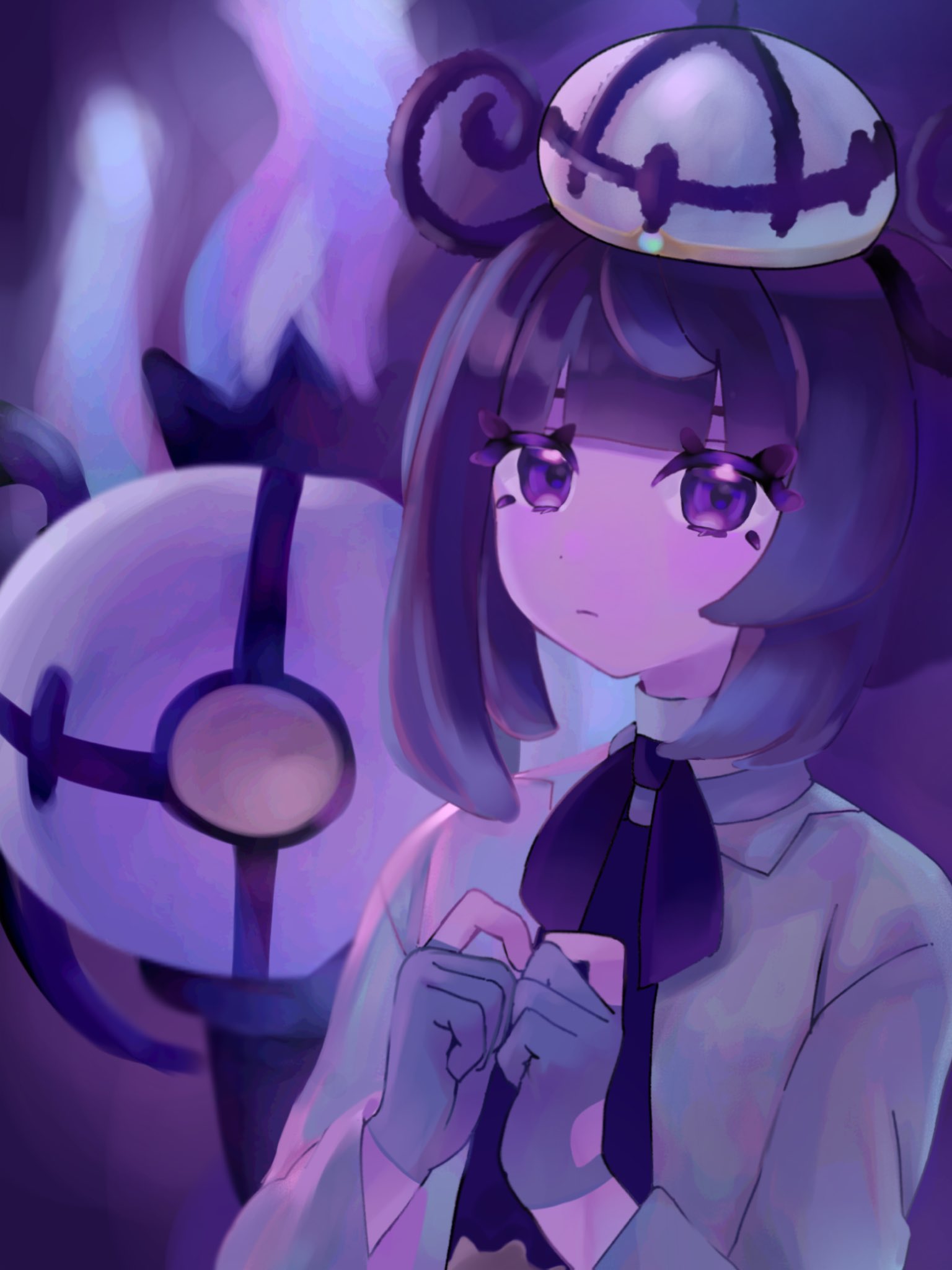 nendo 0603, chandelure, gwynn (pokemon), nintendo, pokemon, pokemon legends: z-a, highres, 1girl, black dress, black hair, bob cut, closed mouth, coat, dress, eyelashes, gen 5 pokemon, gloves, hat, long sleeves, looking at viewer, open clothes, open coat, own hands together, partially fingerless gloves, pokemon (creature), purple background, purple eyes, short hair, upper body, white coat