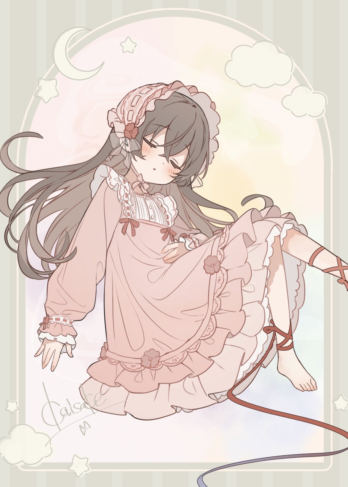 kaisake (utp), original, highres, 1girl, barefoot, blush, bonnet, closed eyes, crescent, crossed bangs, dot nose, double-parted bangs, dress, floating hair, flower, foot out of frame, frilled dress, frills, hair between eyes, hair flower, hair ornament, hat, knees up, layered dress, long dress, long hair, long sleeves, parted lips, pink dress, pink hat, red flower, red ribbon, ribbon, signature, sitting, sleeping, sleeping upright, solo, star (symbol)
