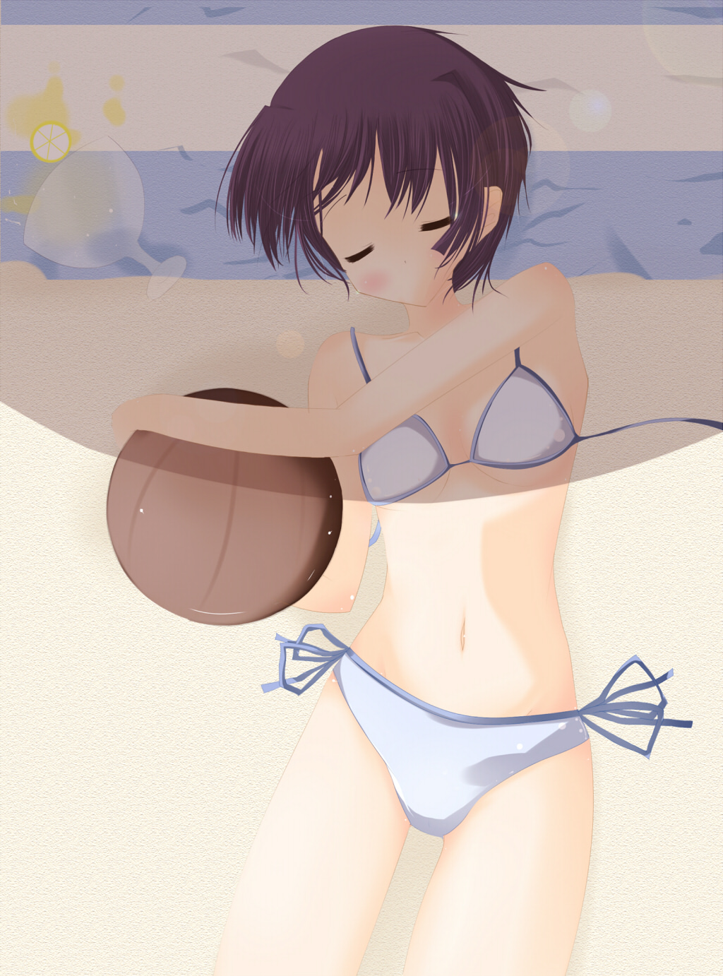 mikuri yoru, shindou kei (ef), ef (visual novel), bad id, bad pixiv id, highres, 00s, ball, bikini, brown hair, closed eyes, lying, shade, short hair, side-tie bikini bottom, sleeping, solo, spill, swimsuit, white bikini