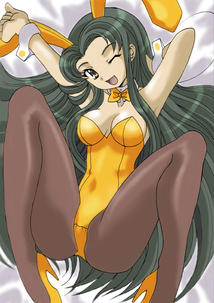 ranpu, tsuruya, suzumiya haruhi no yuuutsu, 00s, animal ears, brown eyes, detached collar, fake animal ears, fang, green hair, long hair, one eye closed, pantyhose, playboy bunny, rabbit ears, shoes, solo, spread legs, very long hair, wink, yellow shoes
