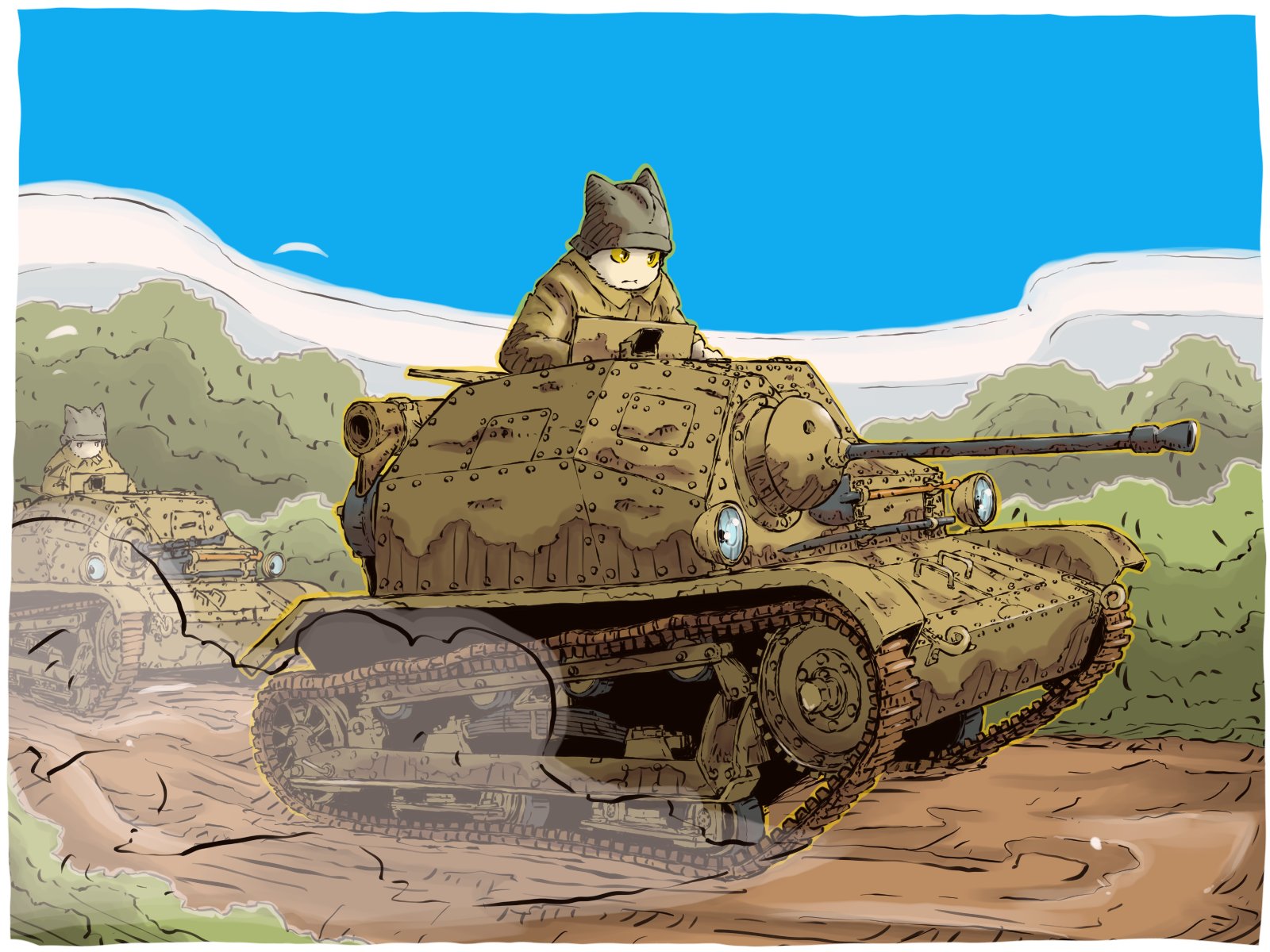 yabarn, original, highres, vehicle request, 2boys, blue sky, bush, cat boy, caterpillar tracks, dirt road, gun, helmet, hill, machine gun, military vehicle, motor vehicle, multiple boys, on tank, road, shovel, sky, tank, vehicle focus, weapon