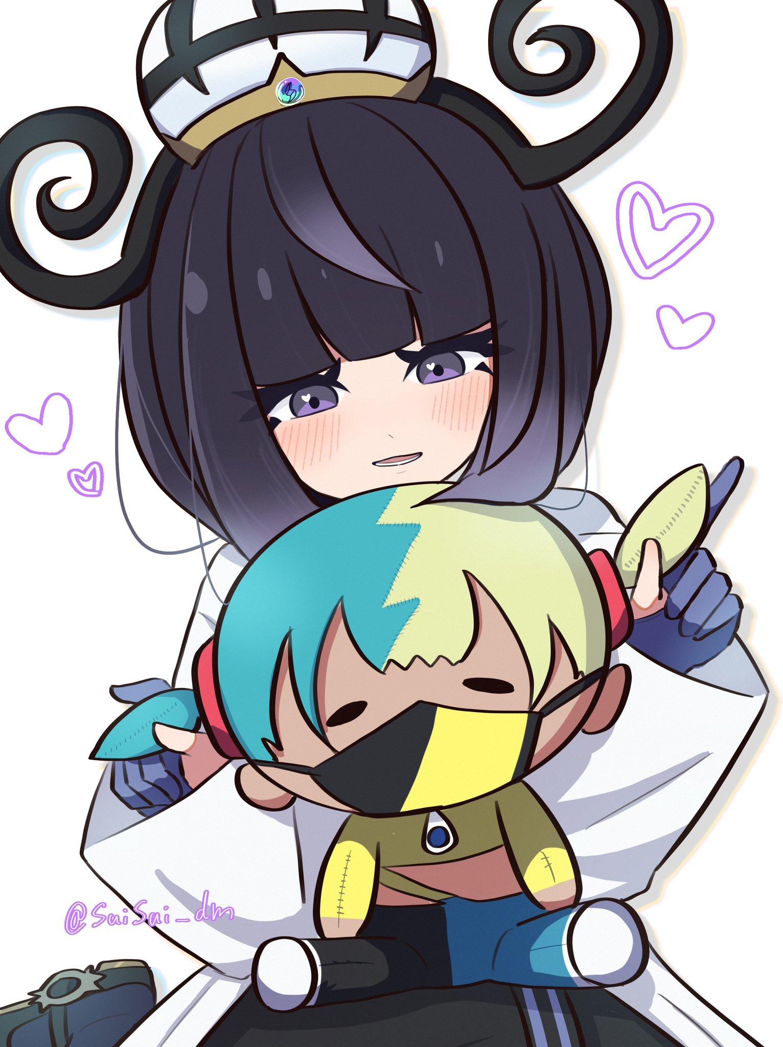 hasu 175, canari (pokemon), gwynn (pokemon), nintendo, pokemon, pokemon legends: z-a, highres, 1girl, black dress, blue gloves, blunt bangs, blush, bob cut, canari plush (pokemon), character doll, coat, doll, dress, eyelashes, gloves, hat, heart, heart in eye, holding, holding doll, implied yuri, long sleeves, looking down, mega stone, open clothes, open coat, open mouth, partially fingerless gloves, short hair, solo, symbol in eye, twitter username, white background, white coat