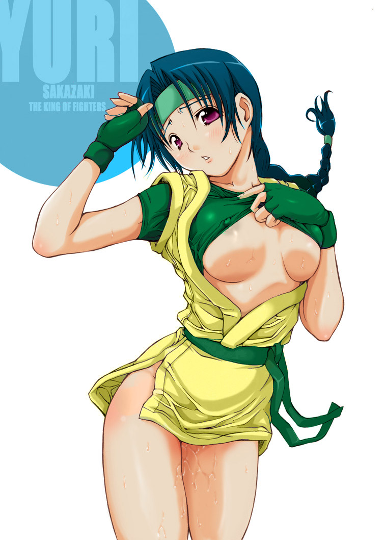 yuri sakazaki, snk, the king of fighters, artist request, areola slip, blue hair, blush, braid, breasts, clothes lift, covered erect nipples, fingerless gloves, gloves, headband, nipples, pink eyes, pussy juice, shirt lift, sweat, underboob