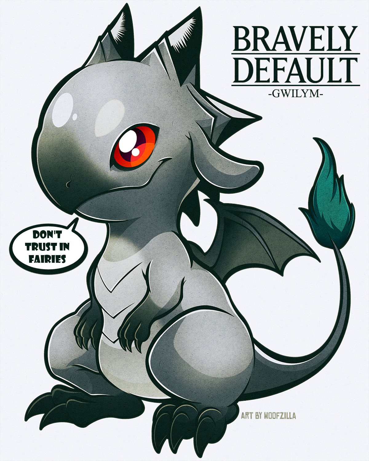 woofzilla, bravely default (series), commentary, english commentary, highres, translation request, animal focus, closed mouth, dragon, english text, full body, gwilym, no humans, red eyes, simple background, solo, speech bubble