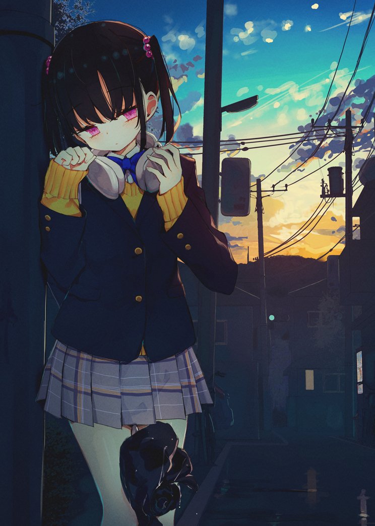 kamizaki hibana, bare legs girl (kamizaki hibana), original, commentary request, 1girl, black hair, blue bow, blue bowtie, blue jacket, bow, bowtie, building, buttons, closed mouth, cowboy shot, dot mouth, dot nose, dusk, expressionless, floodlights, gradient sky, grey sky, house, jacket, long sleeves, looking at viewer, miniskirt, outdoors, pink eyes, plaid clothes, plaid skirt, pleated skirt, power lines, school uniform, sidelocks, skirt, sky, solo, standing, sweater, transformer, two side up, utility pole, wispy bangs, yellow sweater