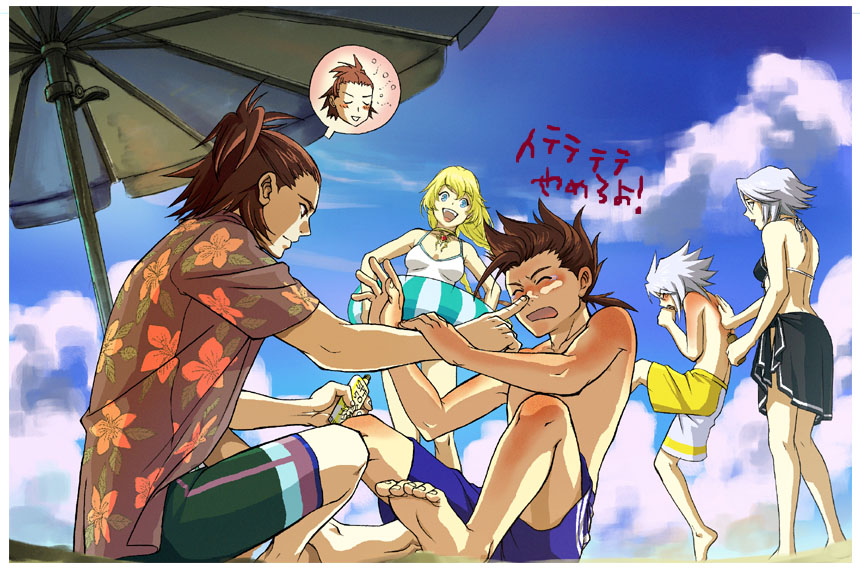 shimabara, sio vanilla, colette brunel, genius sage, kratos aurion, lloyd irving, raine sage, tales of (series), tales of symphonia, bad id, bad pixiv id, 00s, 2girls, 3boys, alternate costume, alternate hairstyle, beach, bikini, bikini top only, black male swimwear, black swim trunks, blonde hair, blue male swimwear, blue swim trunks, brown hair, cloud, day, holding, holding swim ring, innertube, lotion, male swimwear, multicolored male swimwear, multicolored swim trunks, multicolored swimsuit, multiple boys, multiple girls, official alternate costume, outdoors, pain, red hair, sky, sun, sunburn, sunscreen, swim ring, swim trunks, swimsuit, umbrella, white hair, white male swimwear, white swim trunks, yellow male swimwear, yellow swim trunks