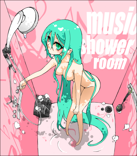 kiyoi, hatsune miku, vocaloid, 1girl, absurdly long hair, aqua eyes, aqua hair, censored, convenient censoring, dripping, female focus, hair censor, hair over breasts, long hair, nude, shower (place), showering, soap, solo, standing, very long hair, wet, wet hair