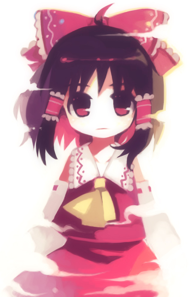 nishiki koi, hakurei reimu, touhou, 1girl, black hair, bow, chibi, detached sleeves, expressionless, female focus, hair bow, hair tubes, looking at viewer, no nose, solo, white background