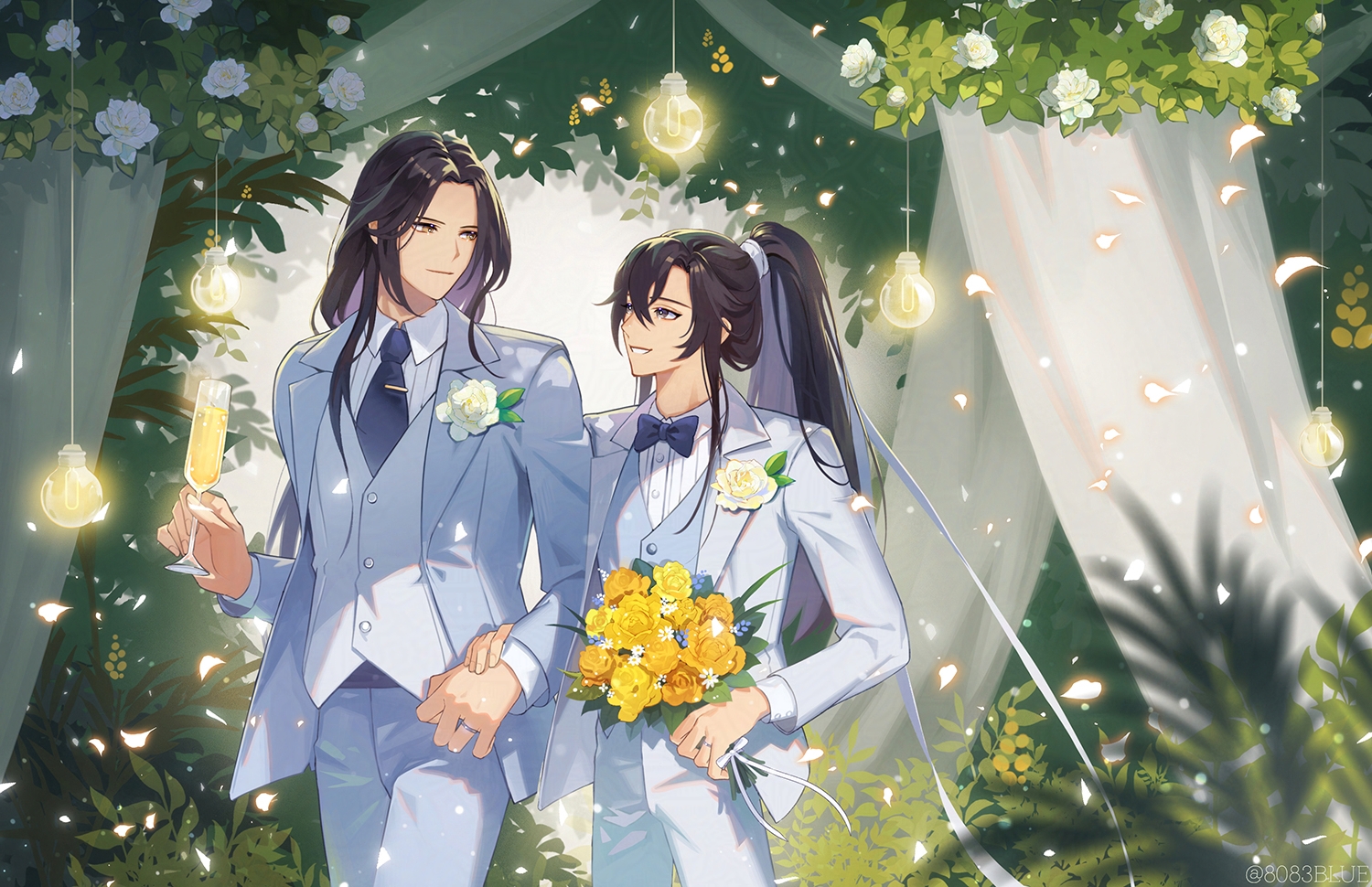8083 blue, lan wangji, wei wuxian, modao zushi, commentary request, 2boys, black bow, black bowtie, black hair, black necktie, bouquet, bow, bowtie, champagne flute, cowboy shot, cup, drinking glass, flower, grey jacket, grin, holding, holding bouquet, holding cup, holding hands, husband and husband, jacket, light bulb, long hair, looking at another, multiple boys, necktie, petals, ponytail, rose, shirt, smile, vest, white flower, white rose, white shirt, white vest, yaoi, yellow flower, yellow rose
