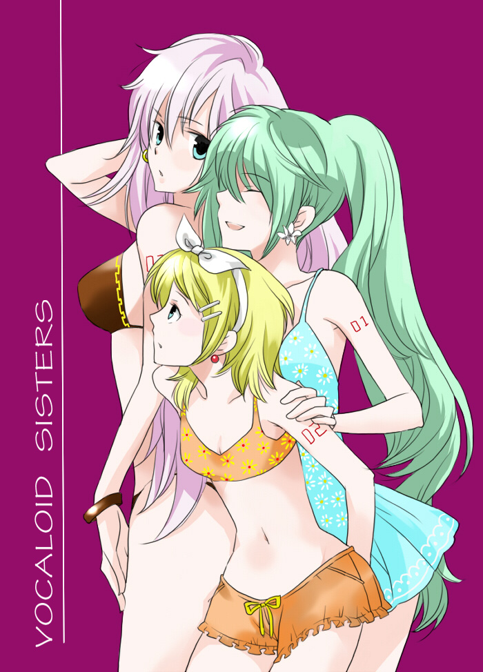 hatsune miku, kagamine rin, megurine luka, vocaloid, aqua hair, bikini, blonde hair, blue eyes, long hair, pink hair, short hair, swimsuit