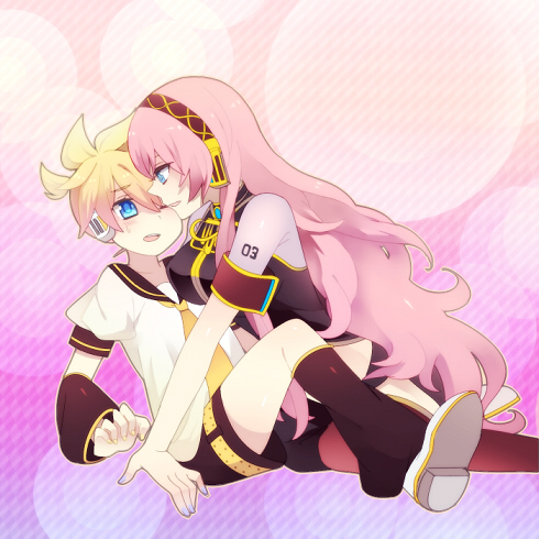 kagamine len, megurine luka, vocaloid, lowres, 1boy, 1girl, blonde hair, blue eyes, blush, detached sleeves, long hair, necktie, pink hair, thighhighs, yellow necktie