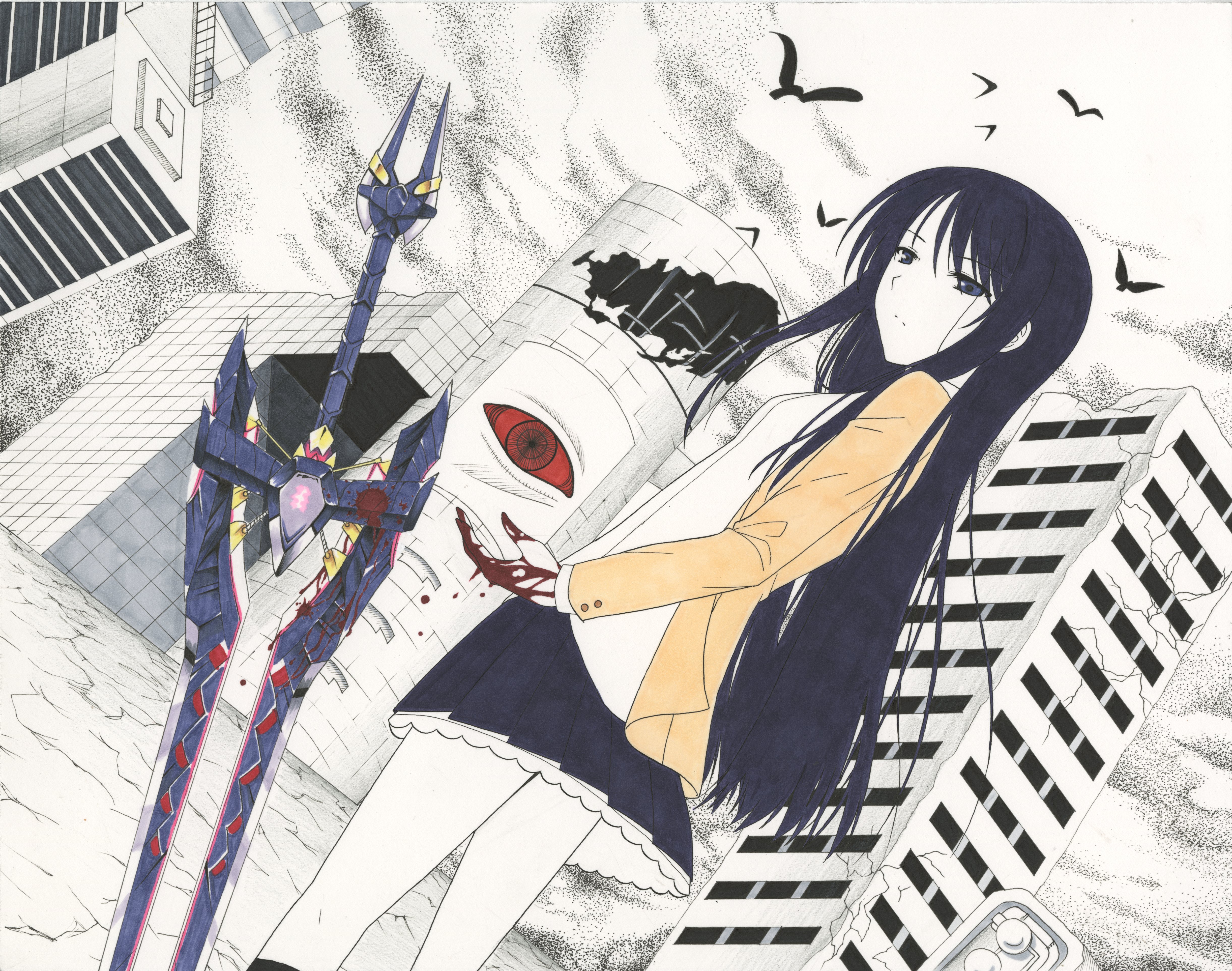 aoi sena, chaos;head, science adventure, absurdres, highres, 1girl, blood, blood drip, blood on hands, bloody weapon, d-sword, dutch angle, expressionless, long hair, looking at viewer, looking back, miniskirt, pleated skirt, purple hair, school uniform, shibuya (tokyo), skirt, soaringoak, solo, suimei academy school uniform, tokyo (city), weapon