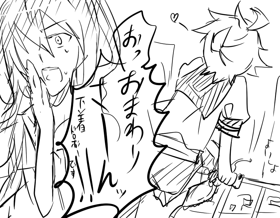 kagamine len, megurine luka, vocaloid, tagme, translation request, greyscale, monochrome