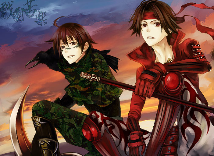 furayu (flayu), numeri (pixiv), haga (sayonara zetsubou sensei), haga (szs), kino kuniya, kudou jun, sanada yukimura, sanada yukimura (sengoku basara), sarutobi sasuke, sarutobi sasuke (sengoku basara), sayonara zetsubou sensei, sengoku basara, 2boys, bird, cosplay, gradient background, male focus, multiple boys, outdoors, sanada yukimura (cosplay), sarutobi sasuke (cosplay), scythe, sitting, sky, weapon