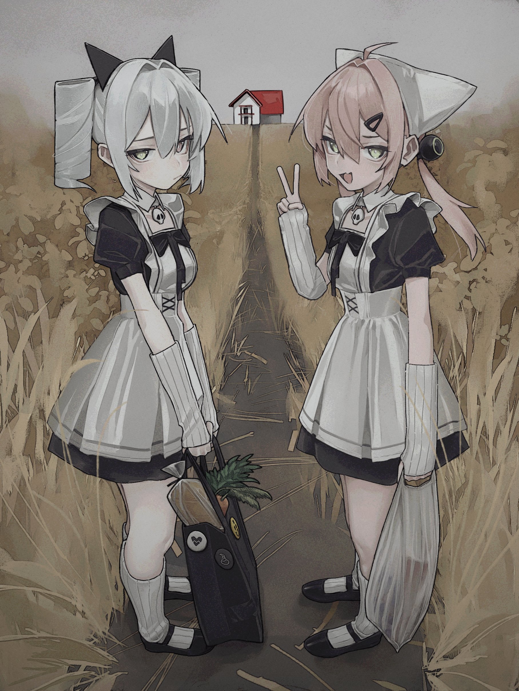 saaal653, xenon (saaal653), original, absurdres, highres, 2girls, ahoge, apron, arm warmers, breasts, brown eyes, dress, drill hair, field, frilled dress, frills, green eyes, grey hair, heterochromia, long hair, looking at viewer, maid, maid apron, multiple girls, neon (saaal653), open mouth, pink hair, shoes, small breasts, socks, standing, twin drills, twintails, v, white socks