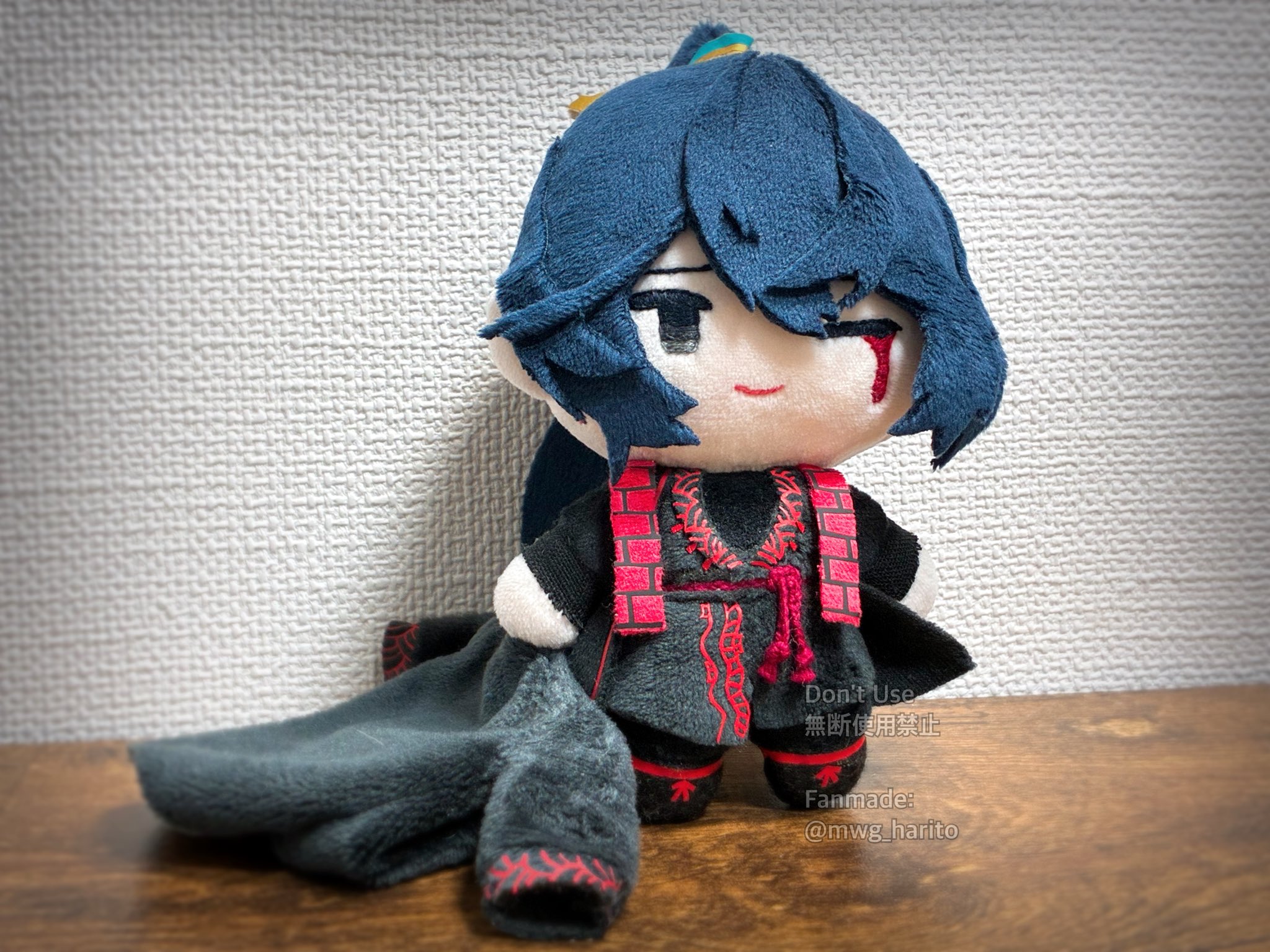 hong lu (project moon), limbus company, project moon, highres, traditional media, unconventional media, 1boy, belt, black coat, black eyes, black hair, black hanfu, black robe, blood, bloody tears, character doll, chinese clothes, closed mouth, coat, doll, family hierarch candidate (identity) (project moon), hanfu, high ponytail, holding, holding unworn clothes, long sleeves, male focus, mwg harito, one eye closed, ponytail, red belt, robe, sidelocks, smile, solo, stole, stuffed toy, unworn coat