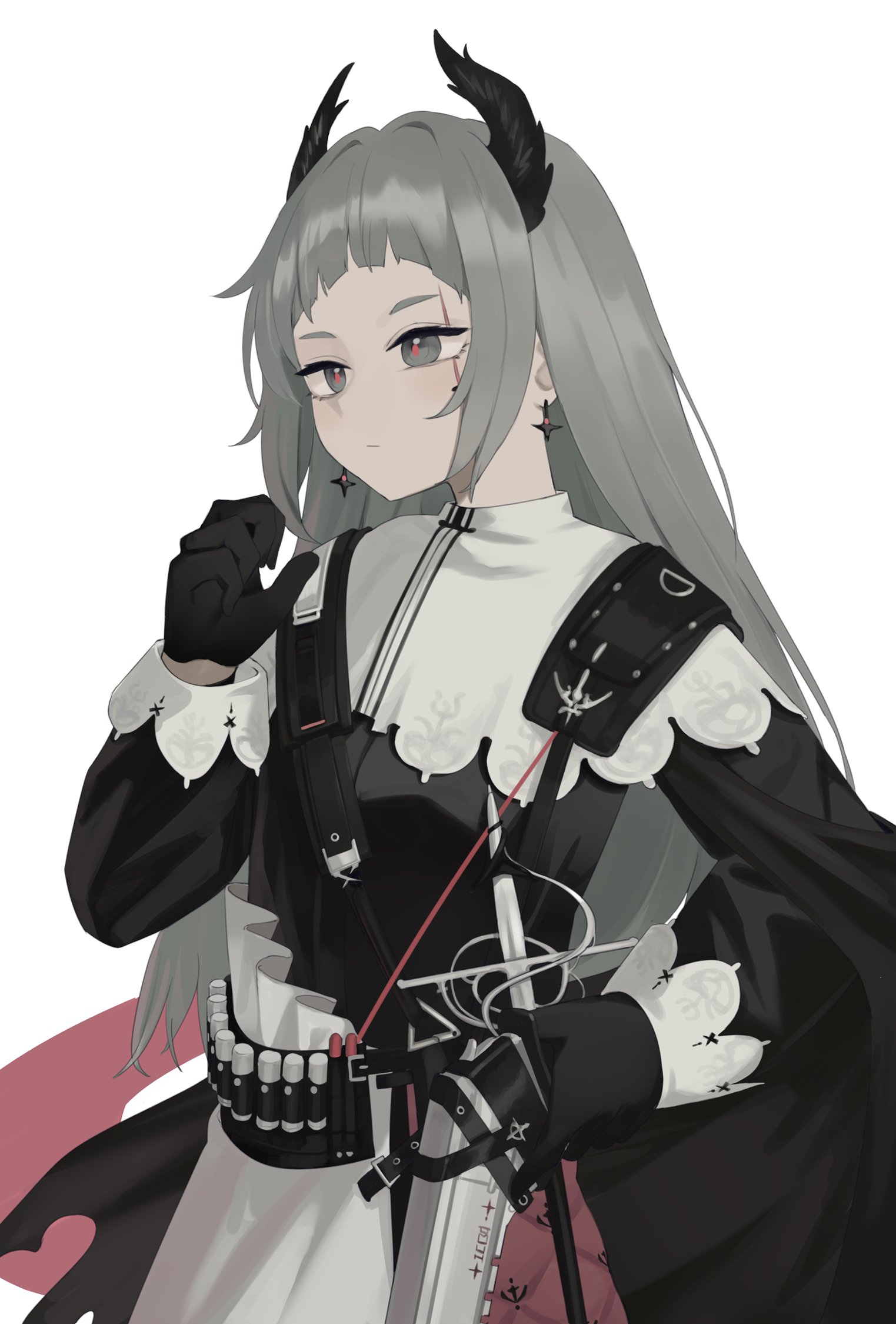 hinami047, irene (arknights), arknights, commentary, highres, 1girl, arched bangs, black dress, black gloves, closed mouth, dress, earrings, gloves, grey eyes, grey hair, hand up, jewelry, long hair, long sleeves, looking ahead, pink pupils, scar, scar across eye, scar on face, simple background, solo, white background, white dress