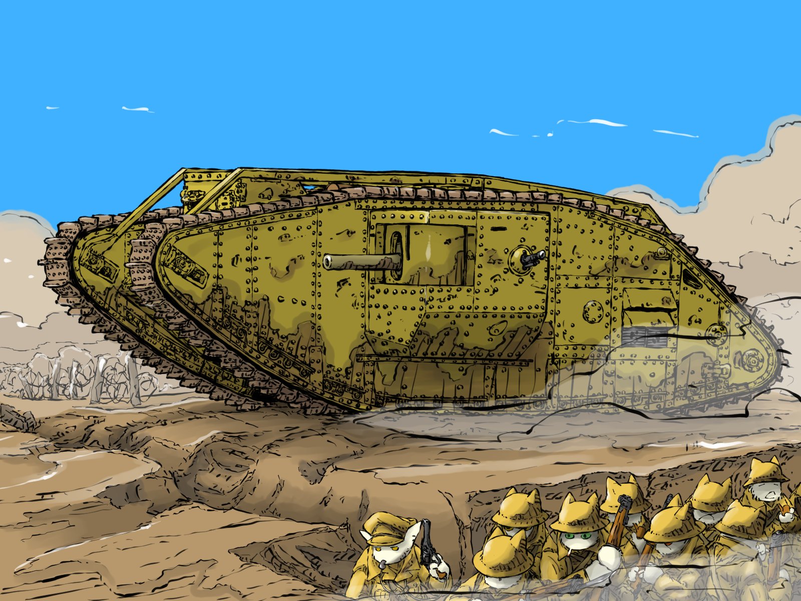 yabarn, original, commentary request, highres, 6+boys, battlefield, bolt action, british army, brodie helmet, cannon, caterpillar tracks, combat helmet, dust cloud, gun, handgun, helmet, holding, holding gun, holding weapon, lee-enfield, mark i tank, mark iv tank, military, military uniform, military vehicle, motor vehicle, multiple boys, revolver, rifle, tank, turretless tank, war, weapon, webley revolver, world war i