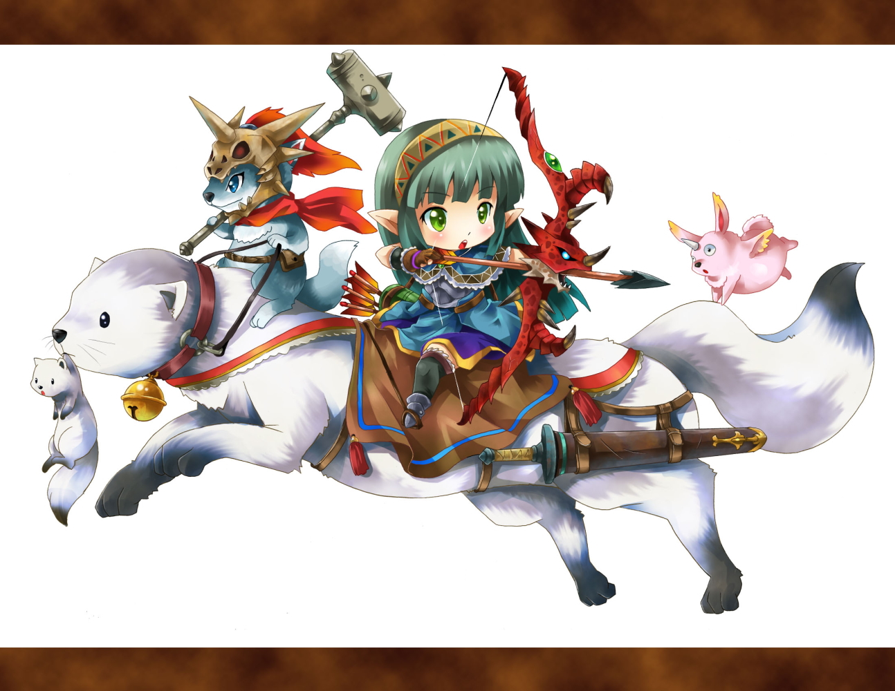 michii yuuki, original, pixiv fantasia, pixiv fantasia 3, bad id, bad pixiv id, 1girl, arrow (projectile), bell, bow (weapon), gigandal federation, green eyes, green hair, hammer, helmet, neck bell, pointy ears, sword, weapon