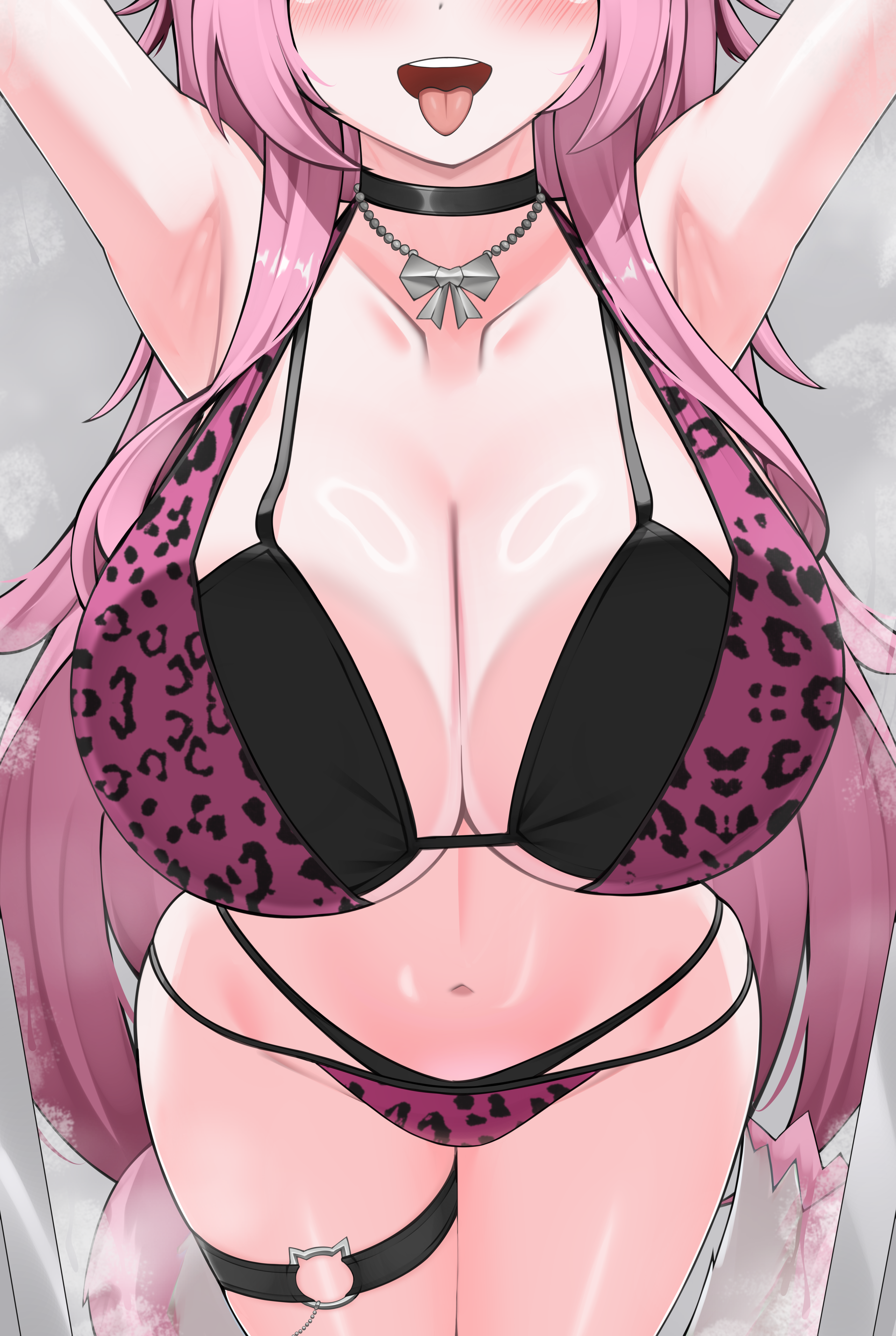 nobarts, raora panthera, hololive, hololive english, absurdres, highres, 1girl, animal print, armpits, bra, breasts, cat tail, choker, cleavage, collarbone, eyes out of frame, head out of frame, large breasts, leopard print, long hair, midriff, navel, pink hair, solo, steam, steaming body, tail, thigh strap, tongue, tongue out, underwear, virtual youtuber