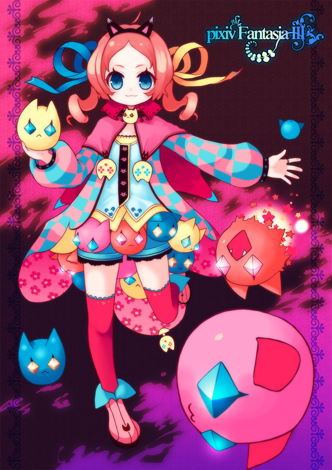 nishiki koi, pixiv fantasia, pixiv fantasia 3, bad id, bad pixiv id, highres, :<, :3, animal ears, blue eyes, crystal, pink hair, solo, thighhighs