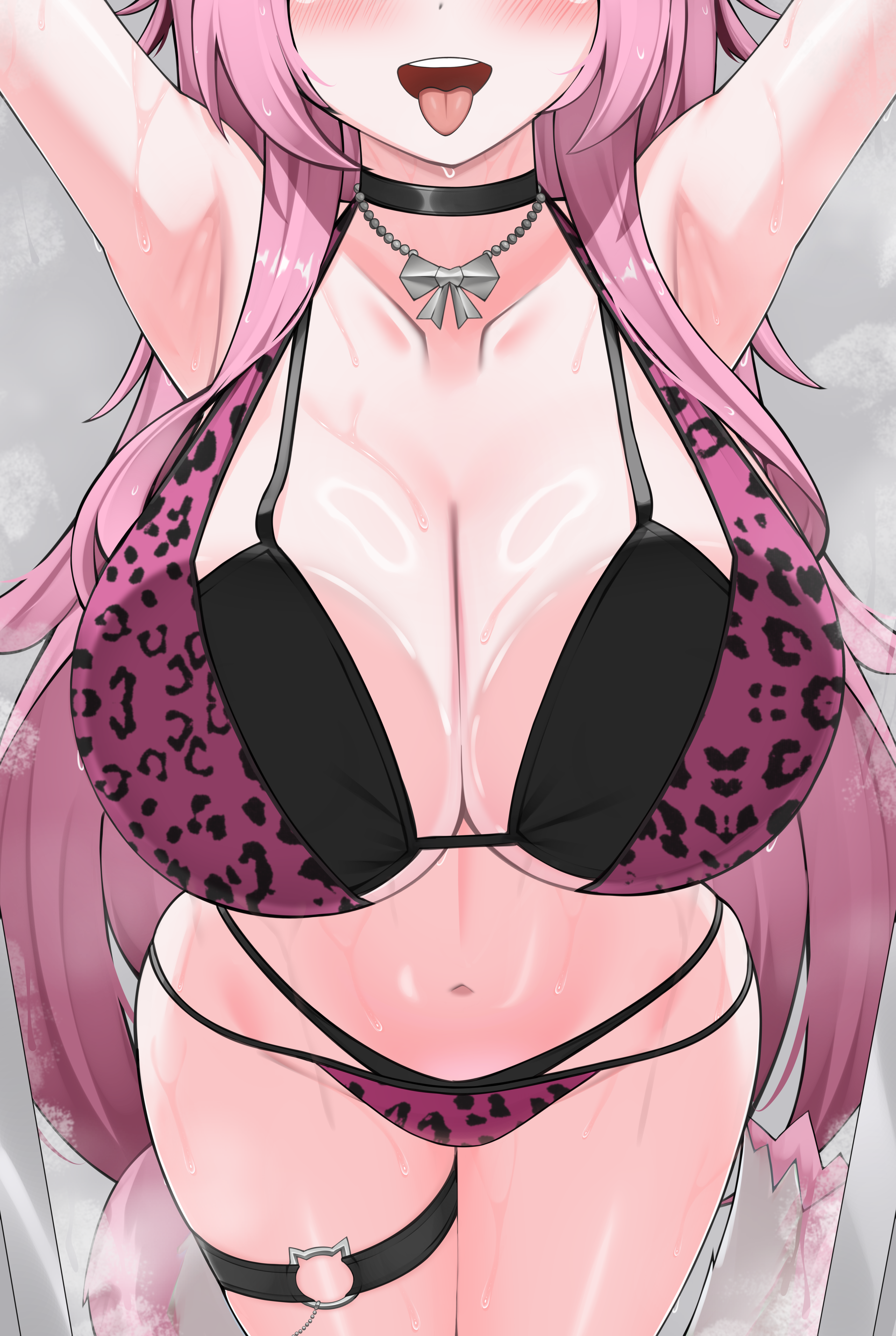 nobarts, raora panthera, hololive, hololive english, absurdres, highres, 1girl, animal print, armpits, bra, breasts, cat tail, choker, cleavage, collarbone, eyes out of frame, head out of frame, large breasts, leopard print, long hair, midriff, navel, pink hair, solo, steam, steaming body, sweat, tail, thigh strap, tongue, tongue out, underwear, virtual youtuber