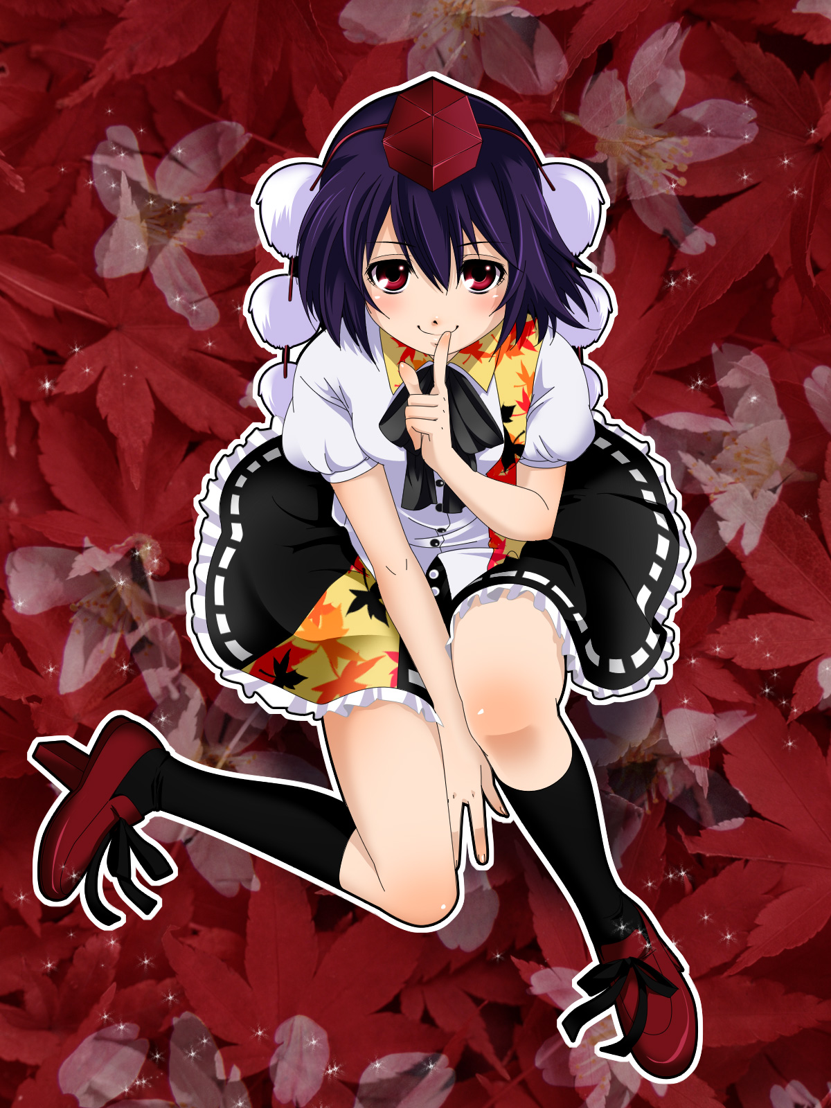 e-megu, fugashi, shameimaru aya, touhou, highres, 1girl, female focus, geta, hat, looking at viewer, purple hair, red eyes, short hair, solo, tengu-geta, tokin hat