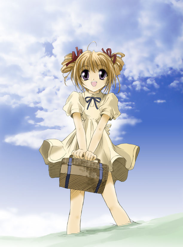 gotou nao, hinako (sister princess), sister princess, 00s, 1girl, basket, blonde hair, child, cloud, day, dress, drill hair, female focus, grass, open mouth, outdoors, purple eyes, sky, smile, solo, twin drills, twintails, v arms, wind, wind lift