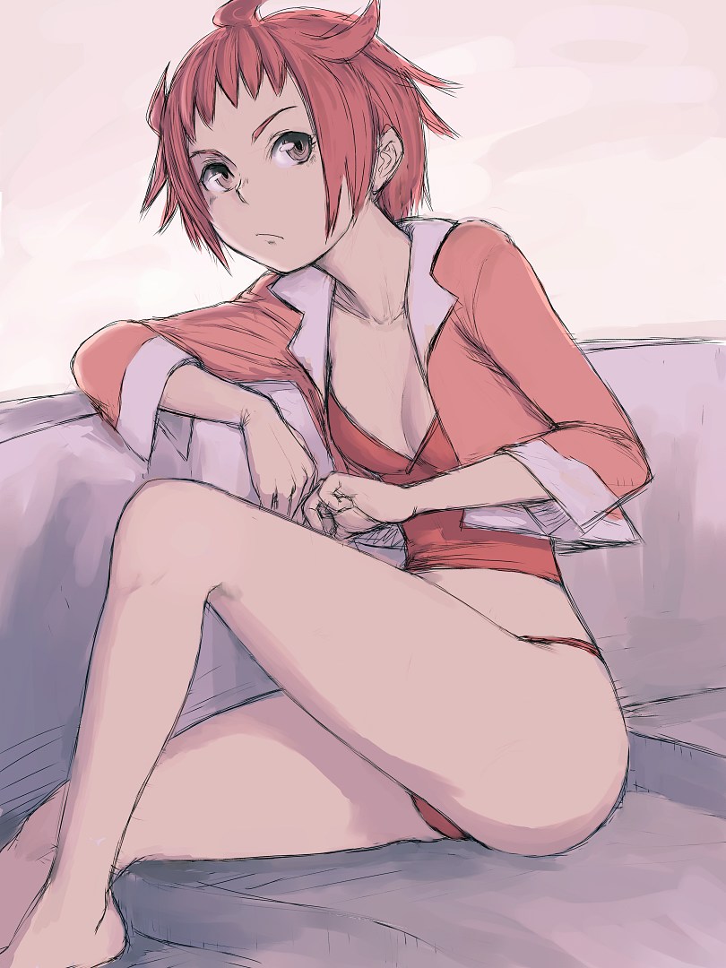 fumio (rsqkr), souya akira, dragonaut, 00s, 1girl, barefoot, brown eyes, female focus, flat chest, red hair, short hair, sketch, solo