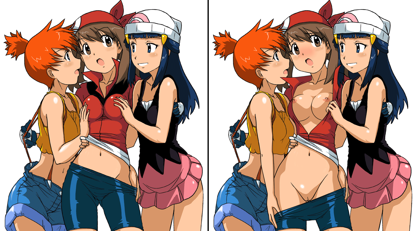 takaya n, dawn (pokemon), may (pokemon), misty (pokemon), nintendo, pokemon, 3girls, bike shorts, bike shorts pull, blush, bottomless, breasts, comic, female focus, fff threesome, group sex, latex, multiple girls, navel, nipples, no panties, open clothes, open shirt, pussy, shirt, short shorts, shorts, simple background, suspenders, threesome, uncensored, undressing, white background, yuri