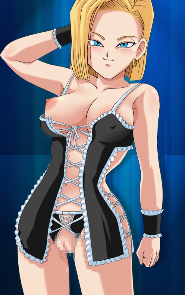 trinitron cg, android 18, jessica albert, dragon ball, dragon quest, dragon quest viii, dragonball z, 1girl, android, black panties, blonde hair, blue eyes, blush, breasts, censored, corset, cosplay, dangerous bustier (dq), earrings, female focus, frills, jewelry, large breasts, lingerie, looking at viewer, mosaic censoring, nipple slip, nipples, panties, pussy, pussy juice, short hair, smile, solo, standing, underwear