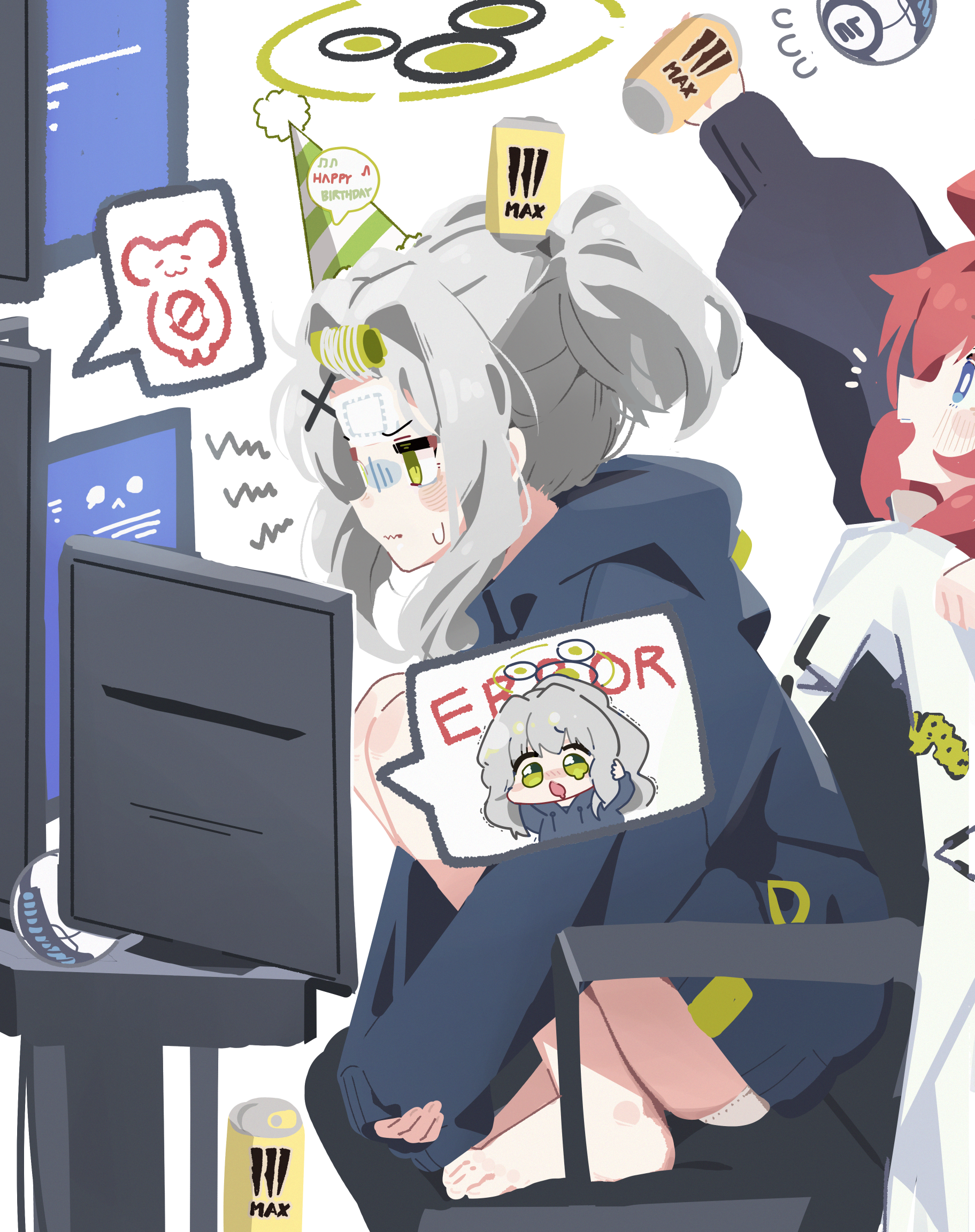 patanda, kotama (blue archive), maki (blue archive), blue archive, monster (drink), 2girls, ball, chibi, halo, hood, hoodie, looking at viewer, monitor, multiple girls, red eyes, school uniform, simple background, squatting, white background
