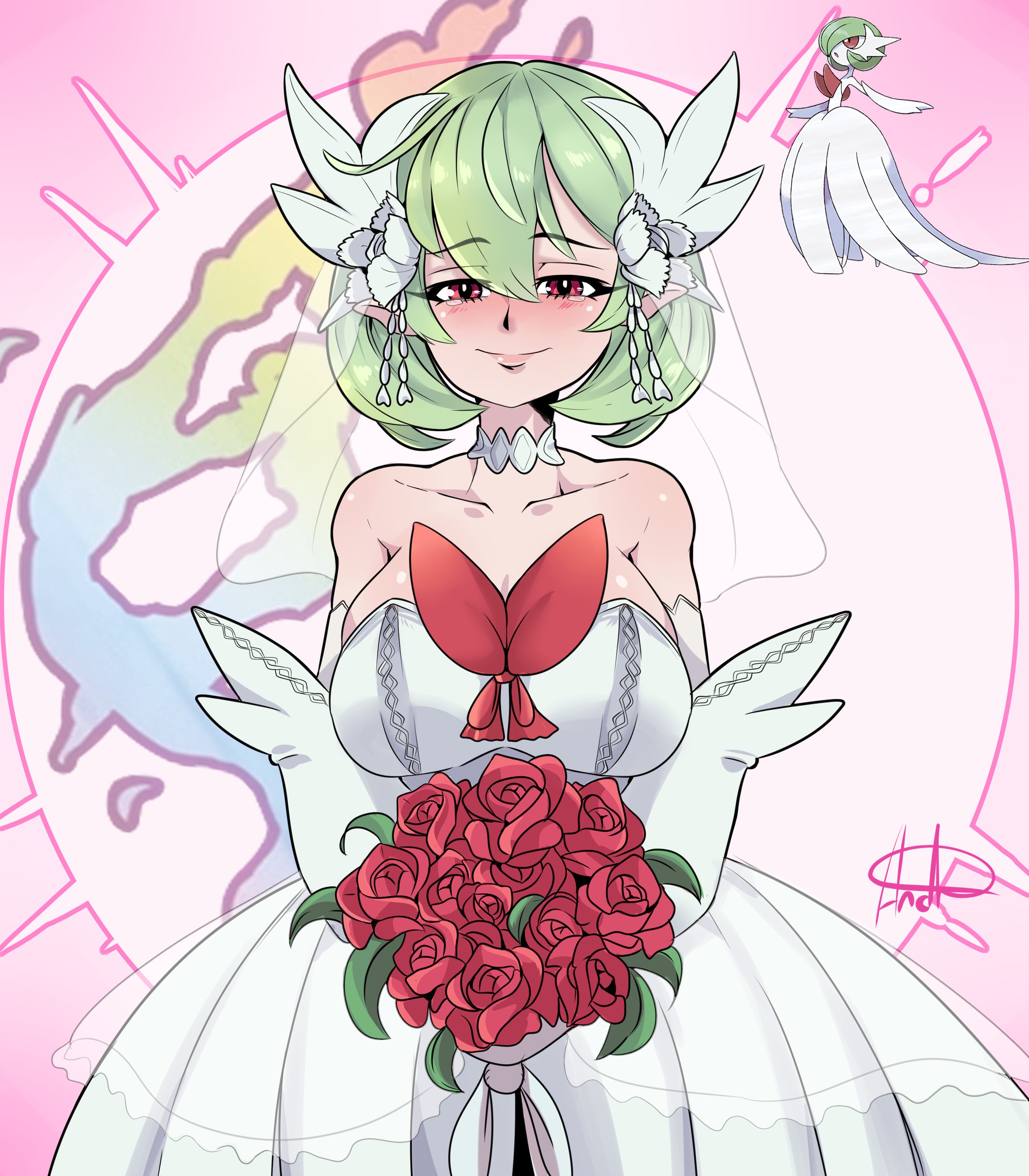 a.c. hunter, gardevoir, nintendo, pokemon, 1girl, artist name, bare shoulders, blush, bob cut, bouquet, breasts, bridal veil, bride, choker, closed mouth, collarbone, dress, elbow gloves, female focus, flower, gen 3 pokemon, gloves, green hair, hair between eyes, hair flower, hair ornament, half-closed eyes, happy, holding, holding bouquet, humanization, large breasts, layered gloves, looking at viewer, mega evolution symbol, nose blush, official art inset, pink background, pointy ears, red eyes, red flower, red rose, rose, see-through clothes, see-through veil, short hair, signature, skindentation, smile, solo, standing, straight-on, strapless, strapless dress, tears, veil, wedding dress, white choker, white dress, white flower, white gloves, white veil
