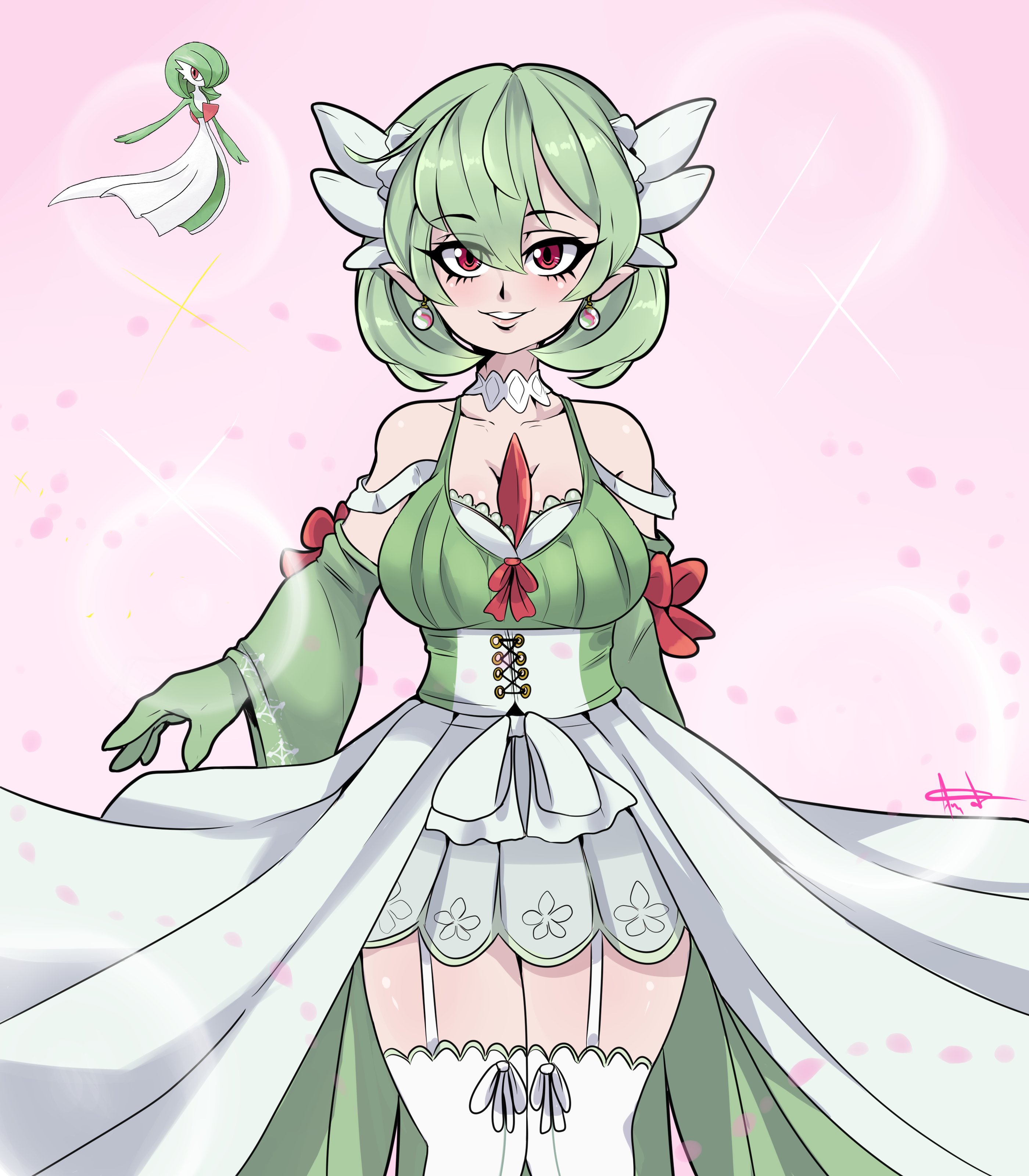 a.c. hunter, gardevoir, nintendo, pokemon, 1girl, arm behind back, artist name, bare shoulders, blush, bob cut, bow, choker, collarbone, corset, detached sleeves, earrings, female focus, garter straps, gen 3 pokemon, gloves, green gloves, green hair, green shirt, green sleeves, hair between eyes, hair ornament, happy, humanization, jewelry, long sleeves, looking at viewer, mega stone, official art inset, parted lips, pink background, pointy ears, red bow, red eyes, shirt, short hair, signature, skirt, smile, solo, standing, straight-on, thighhighs, white choker, white skirt, white thighhighs