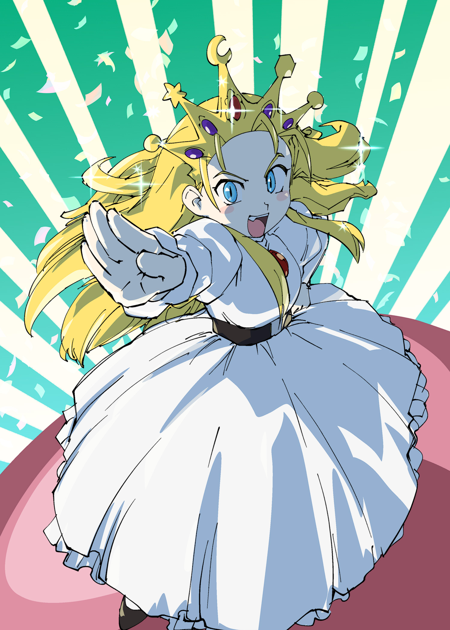 devilot de deathsatan ix, cyberbots, artist request, highres, tagme, 1girl, belt around waist, blonde hair, blue eyes, crown, dress, forehead, gem, jeweled crown, princess, red gemstone, white dress