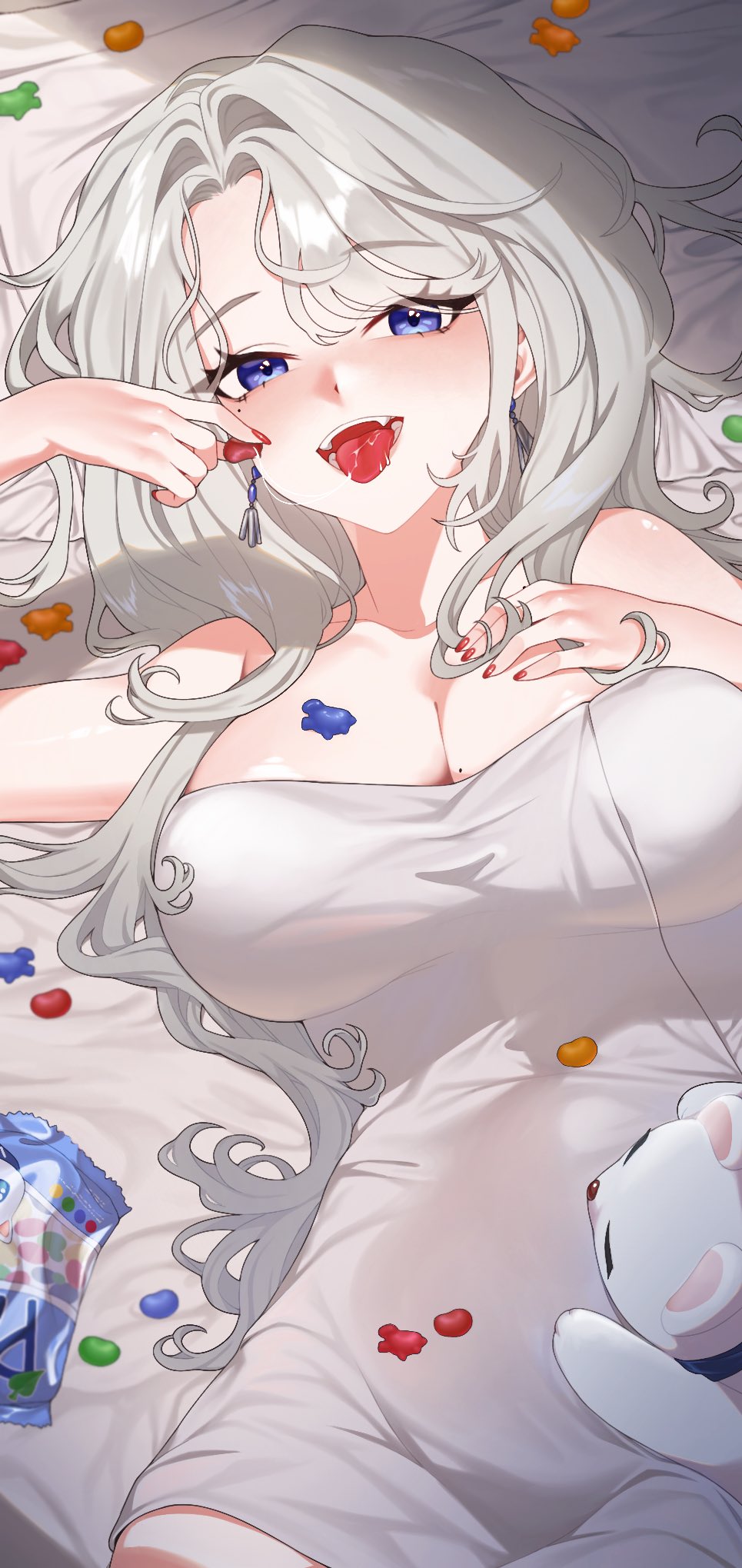 lee rein, vlyz, highres, 1girl, animal, breasts, candy, cleavage, dmujiii 1128, earrings, food, grey hair, hand on own chest, jewelry, long hair, lying, mole, mole on breast, mole under eye, naked towel, on back, open mouth, purple eyes, red nails, saliva, saliva trail, shadow, towel, virtual youtuber