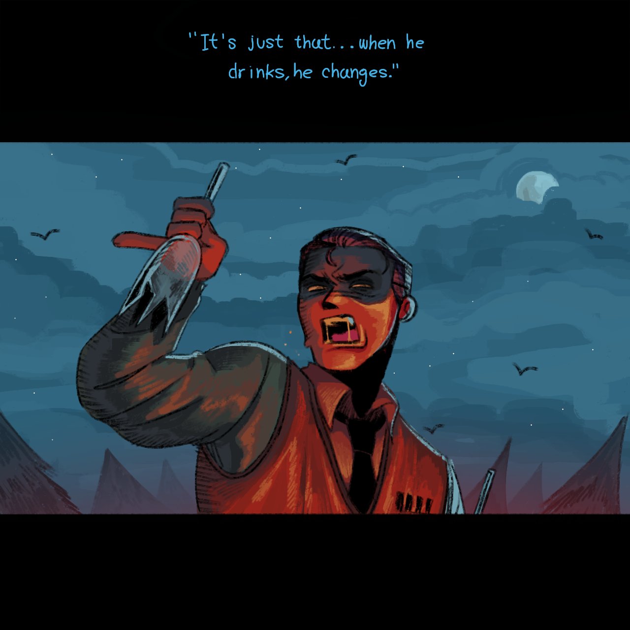 clay puppington, moral orel, commentary, highres, 1boy, bottle, brown hair, claymton, collared shirt, drunk, hair slicked back, holding, holding bottle, male focus, necktie, night, open mouth, outdoors, saliva, shirt, short hair, solo, source quote, vest, white shirt