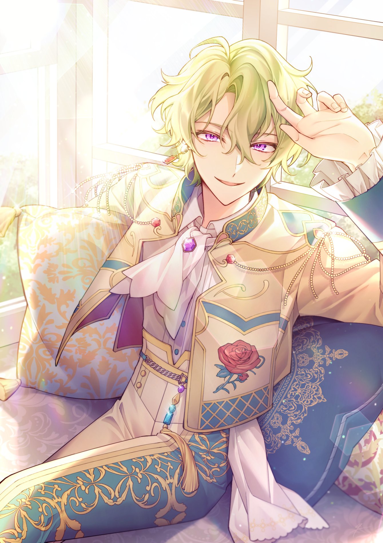 tomoe hiyori, ensemble stars!, highres, 1boy, aqua pants, ascot, collared shirt, gem, green hair, jacket, long sleeves, looking at viewer, multicolored jacket, multicolored pants, pants, parted lips, purple eyes, purple gemstone, shirt, short hair, solo, sunlight, thx 39, white ascot, white shirt, window, yellow jacket, yellow pants