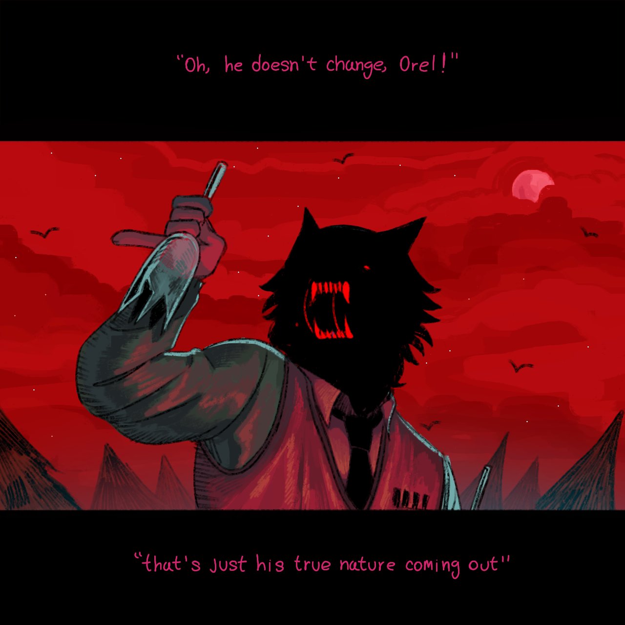 clay puppington, moral orel, highres, 1boy, bottle, claymton, collared shirt, fangs, holding, holding bottle, male focus, necktie, night, open mouth, outdoors, saliva, shirt, solo, source quote, teeth, vest, white shirt, wolf, wolf boy